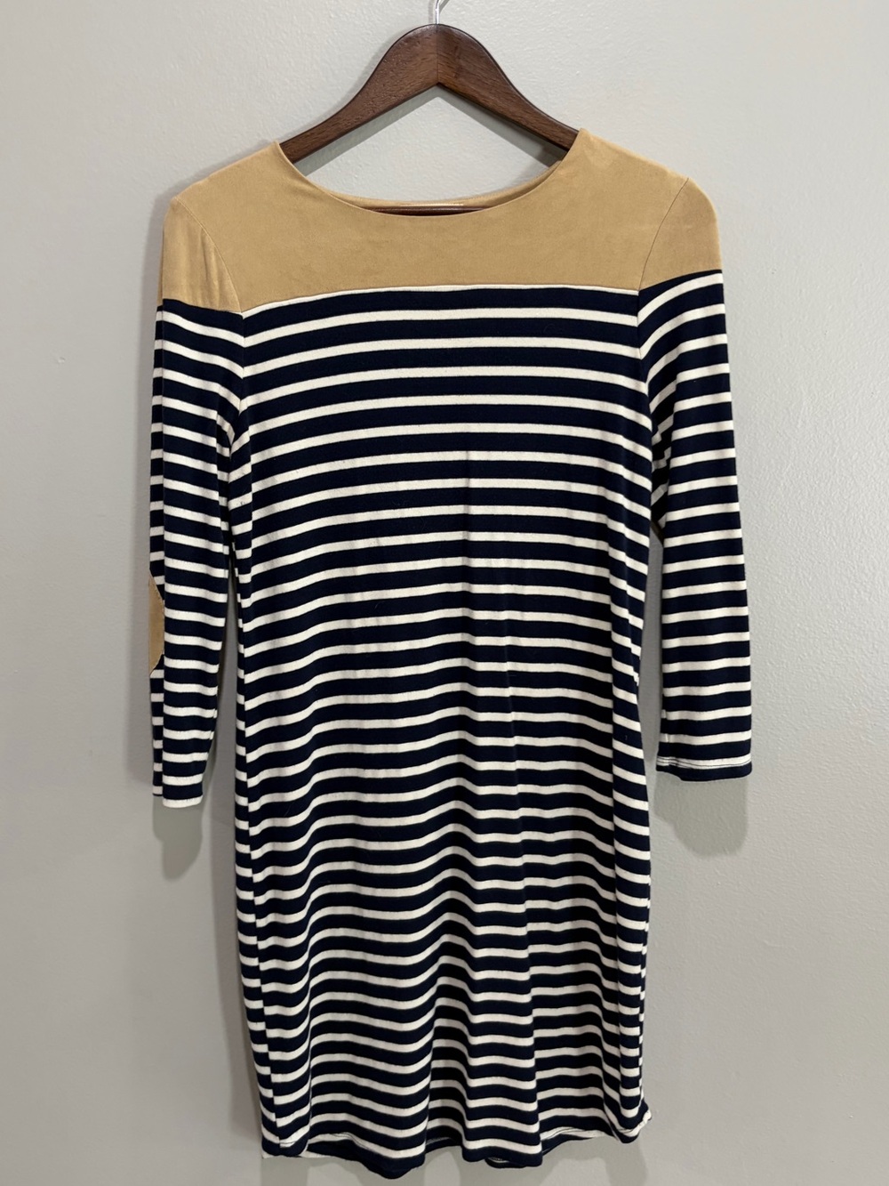 Fall 🍂Monteau Navy and white Striped Midi Dress with Tan Yoke